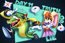 Size: 1357x913 | Tagged: safe, artist:gianluu1999, vanilla the rabbit, vector the crocodile, 30 days sonic, shipping, straight, vanilla x vector
