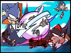 Size: 1600x1200 | Tagged: safe, artist:soleildiddle, shadow the hedgehog, sonic the hedgehog, 30 days sonic, sonic chronicles, fight, swatbot