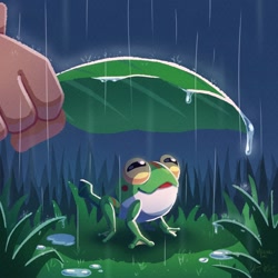 Size: 1500x1500 | Tagged: safe, artist:_ringo_neko_, artist:mizuki miart, froggy, 30 days sonic, featured image, leaf, rain