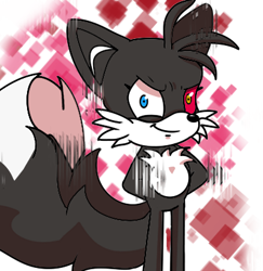 Size: 398x410 | Tagged: safe, artist:taeko, infinite the jackal, miles "tails" prower, fox, sonic forces, abstract background, alignment swap, black fur, digital static, evil, evil grin, evil tails, glitch, grin, hands behind back, heterochromia, infinite tails, mind control, mobius.social exclusive, pixels, red sclera, smile, white fur, white tipped tail