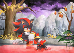 Size: 1024x731 | Tagged: safe, artist:finikart, shadow the hedgehog, chao, blood, chao garden, dark chao, dark chao garden, gravestone, looking at them, nighttime, signature, skull, swimming, tree