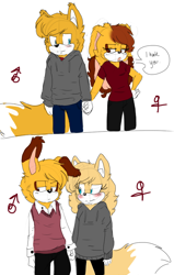 Size: 700x1100 | Tagged: safe, artist:candicindy, skye prower, oc, oc:violet rabbit, blushing, canon x oc, dialogue, female, gender swap, holding hands, male, shipping, simple background, skyolet, speech bubble, straight, white background