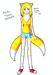 Size: 2278x3232 | Tagged: safe, artist:crazy226, miles "tails" prower, human, bandana, fox ears, fox tail, gender swap, humanized, partially humanized, simple background, solo, white background