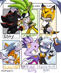 Size: 2512x3000 | Tagged: safe, artist:drstarline, blaze the cat, maw the thylacine, shadow the hedgehog, surge the tenrec, tails doll, tangle the lemur, blazangle, blaze's tailcoat, lesbian, meme, selfie, shipping, six fanarts, tail hand, tanglaze, v sign