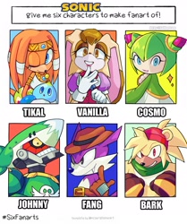 Size: 2000x2387 | Tagged: safe, artist:sailingscum, bark the polar bear, cosmo the seedrian, johnny, nack the weasel, tikal, vanilla the rabbit, meme, six fanarts