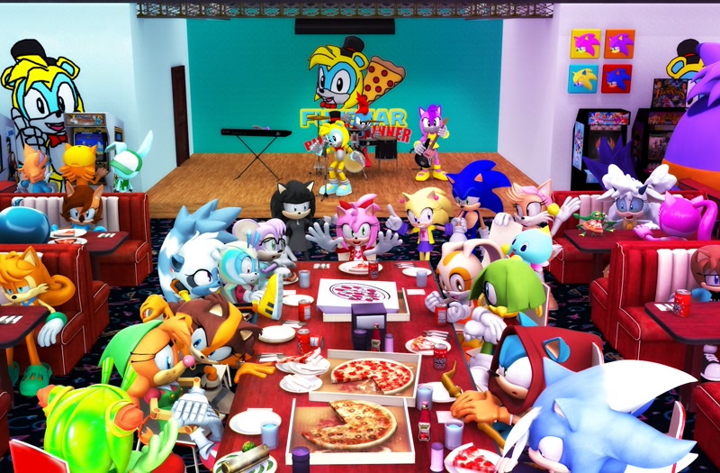 Size: 2000x1312 | Tagged: safe, artist:nibroc-rock, amy rose, antoine d'coolette, belle the tinkerer, big the cat, cheese (chao), cosmo the seedrian, cream the rabbit, froggy, jewel the beetle, lanolin the sheep, patty the fox, rob o' the hedge, sonic the hedgehog, sticks the badger, tangle the lemur, tekno the canary, oc, oc:bump the deer, oc:izora the hedgehog, oc:sage the sloth, oc:slash the shrew, animatronics, burrito, chaos cola, everyone is here, featured image, fighting vipers, monica the mouse, pizza, playing music, sonic the fighters, this will end in blood, this will end in death, this will end in tears, virtua fighter