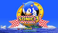 Size: 1920x1080 | Tagged: safe, artist:tbsf-yt, sonic the hedgehog, 2016, angel island, character name, checkered flag, classic sonic, clouds, ocean, pointing, redraw, remake, sonic the hedgehog 3, title screen, wagging finger