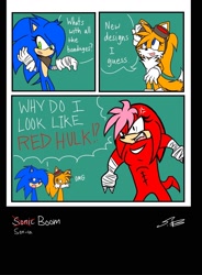 Size: 1579x2150 | Tagged: safe, artist:sonicdnb, knuckles the echidna, miles "tails" prower, sonic the hedgehog, 2014, bandana, comic, dialogue, gender swap, goggles, hair over one eye, signature, sonic boom (tv), speech bubble, team sonic, team sonica