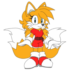 Size: 540x514 | Tagged: artist needed, source needed, safe, miles "tails" prower, oc, oc:tailsko (tasp), alternate outfit, belt, gender swap, hair over one eye, simple background, solo, white background