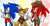 Size: 1280x671 | Tagged: safe, artist:sp-rings, knuckles the echidna, miles "tails" prower, sonic the hedgehog, abstract background, belt, flight jacket, gender swap, goggles, hat, knuckles' hat, looking at viewer, ponytail, scarf, team sonic, team sonica, tomboy, v sign