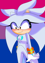 Size: 1000x1414 | Tagged: safe, artist:boomsilvia, silver the hedgehog, bisexual pride, female, gender swap, pride flag background, smiling, solo, tailcoat
