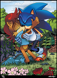 Size: 896x1223 | Tagged: safe, artist:waniramirez, sally acorn, sonic the hedgehog, duo, sally x sonic, shipping, straight