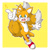 Size: 1280x1280 | Tagged: safe, artist:acky05, miles "tails" prower, fox, 2022, arm fluff, belly button, blushing, border, fluffy, leg fluff, looking at viewer, male, mid-air, modern tails, mouth open, outline, pointing, simple background, solo, sparkles, yellow background