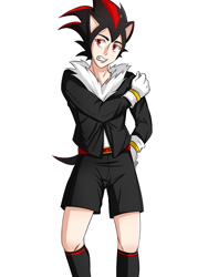 Size: 1200x1600 | Tagged: safe, artist:moonlight7earltea, shadow the hedgehog, human, 2022, adult, anime, belt, clenched teeth, furry collar, gloves, hedgehog ears, hedgehog tail, humanized, long socks, looking offscreen, male, partially humanized, simple background, solo, standing, white background, youtube link in description