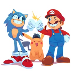 Size: 2000x2000 | Tagged: safe, artist:supsross, sonic the hedgehog, sonic the hedgehog (2020), crossover, detective pikachu, mario, pikachu, pokemon, super mario bros. movie (2023), trio