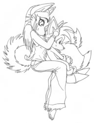 Size: 400x520 | Tagged: safe, artist:huskie, miles "tails" prower, oc, oc:huskie the husky, duo, holding them, sitting