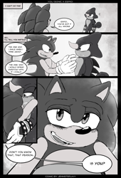 Size: 4436x6536 | Tagged: safe, artist:jennsterjay, espio the chameleon, sonic the hedgehog, 2022, abstract background, blushing, comic, confession, dialogue, duo, gay, greyscale, hugging, looking at each other, male, males only, shipping, sonespio, sparkles, speech bubble, standing