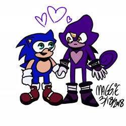 Size: 1774x1774 | Tagged: safe, artist:mushroom-cookie-bear, espio the chameleon, sonic the hedgehog, 2018, cute, duo, espibetes, frown, gay, hearts, holding hands, looking at each other, mouth open, shipping, signature, simple background, smile, sonabetes, sonespio, standing, white background