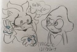Size: 2930x1995 | Tagged: safe, artist:mushroom-cookie-bear, espio the chameleon, silver the hedgehog, 2017, awkward, blushing, dialogue, duo, english text, eyelashes, frown, gay, hand on own head, looking at each other, male, males only, mouth open, shipping, signature, silvio, standing, traditional media