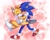 Size: 1354x1080 | Tagged: safe, artist:la_gata_golosa_, miles "tails" prower, sonic the hedgehog, 2021, abstract background, age difference, blushing, carrying them, cute, duo, eyes closed, gay, holding each other, shipping, smile, sonic x tails, star (symbol), walking