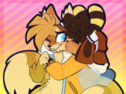 Size: 1434x1080 | Tagged: dead source, safe, artist:webbisnekki, charmy bee, miles "tails" prower, abstract background, aged up, alternate universe, blushing, chaails, claws, duo, ear fluff, eyebrow clipping through hair, eyes closed, fangs, fluffy, gay, gloves off, goggles on head, hair over one eye, happy, kiss on cheek, looking at them, male, males only, older, one eye closed, shipping, smile, striped background