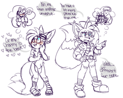 Size: 2048x1639 | Tagged: dead source, safe, artist:webbisnekki, charmy bee, miles "tails" prower, aged up, blushing, chaails, claws, dialogue, duality, duo, ear fluff, english text, gay, gloves off, goggles on head, looking up, monochrome, older, shipping, simple background, sketch, standing, thinking, thought bubble, white background