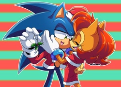 Size: 1482x1066 | Tagged: safe, artist:artsriszi, sally acorn, sonic the hedgehog, abstract background, christmas, duo, mistletoe, sally x sonic, shipping, straight, striped background