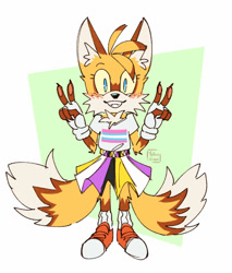 Size: 1024x1204 | Tagged: safe, artist:yellowvixen, miles "tails" prower, fox, 2022, abstract background, blushing, chest fluff, claws, clenched teeth, double v sign, ear fluff, eyelashes, fangs, fingerless gloves, fluffy, fur markings, looking at viewer, nonbinary, nonbinary pride, pawpads, redesign, shirt, skirt, solo, standing, trans female, trans pride, transgender, yellow sclera