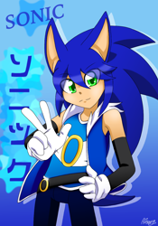 Size: 900x1284 | Tagged: safe, artist:animesonic2, sonic the hedgehog, human, abstract background, belt, gloves, hand on hip, hedgehog ears, hedgehog tail, humanized, jacket, japanese text, looking at viewer, partially humanized, ring, signature, solo, v sign