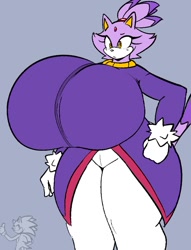 Size: 719x939 | Tagged: suggestive, artist:colacoot, blaze the cat, sonic the hedgehog, grey background, hyper breasts, simple background