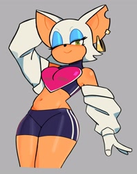 Size: 2567x3242 | Tagged: safe, artist:xenoglitch, rouge the bat, grey background, gris swimsuit, looking at viewer, meme, rouge's heart top, simple background, solo, wink