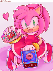 Size: 512x680 | Tagged: safe, artist:mikudecora, amy rose, amy's halterneck dress, game boy advance, gamecube, heart, looking at viewer, looking up