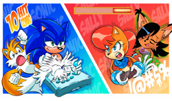 Size: 3508x2078 | Tagged: safe, artist:chauvels, nicole the hololynx, sally acorn, sonic the hedgehog, tails doll, controller, digital static, fighting game, gaming, joystick