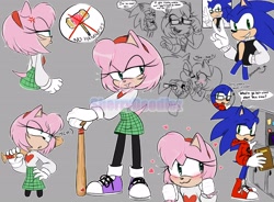 Size: 2820x2080 | Tagged: safe, artist:sherrydoodlez, amy rose, nicky, sonic the hedgehog, au:high school, baseball bat, bubblegum, dialogue, glasses, grey background, looking at each other, simple background