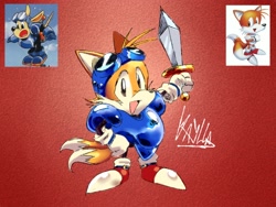 Size: 2000x1500 | Tagged: safe, artist:kayllacat, miles "tails" prower, armour, classic tails, cosplay, goggles, reference inset, solo, sparkster, sword