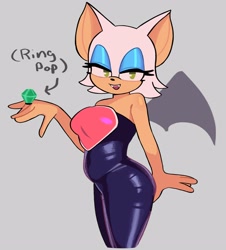 Size: 2712x3000 | Tagged: safe, artist:xenoglitch, rouge the bat, grey background, looking at viewer, ring pop, rouge's heart top, simple background, solo