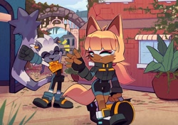 Size: 2048x1444 | Tagged: safe, artist:aresworld-suniverse, tangle the lemur, whisper the wolf, cityscape, daytime, duo, females only, lesbian, one fang, shipping, tangle x whisper