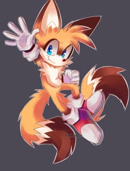 Size: 1556x2048 | Tagged: safe, artist:nervock, miles "tails" prower, fox, brown tipped ears, clenched fist, fur markings, grey background, large ears, looking at viewer, male, one fang, outline, redesign, redraw, simple background, solo, waving