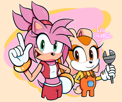 Size: 1200x1000 | Tagged: safe, artist:kitarehamakura, amy rose, cream the rabbit, hedgehog, rabbit, abstract background, arm behind back, au:roseverse, duo, female, females only, hand on hip, holding something, looking at viewer, mouth open, pointing, ponytail, redesign, role swap, signature, smile, spanner