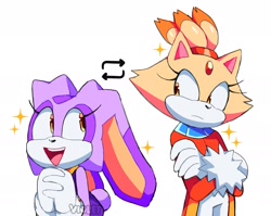 Size: 2245x1787 | Tagged: safe, artist:violetmadness7, blaze the cat, cream the rabbit, cat, rabbit, arms folded, color swap, frown, hands together, looking at each other, mouth open, simple background, smile, sparkles, standing, white background