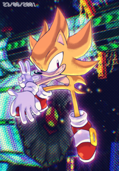 Size: 2105x3032 | Tagged: safe, artist:cynicallysly, sonic the hedgehog, super sonic, sonic adventure 2, gloves, looking offscreen, shoes, smile, solo, super form, v sign