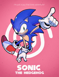 Size: 2530x3253 | Tagged: safe, artist:cynicallysly, sonic the hedgehog, abstract background, dreamcast logo, gloves, grin, pointing, shoes, smile, solo, text