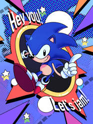 Size: 2048x2732 | Tagged: safe, artist:cynicallysly, sonic the hedgehog, classic, classic sonic, gloves, looking at viewer, shoes, smile, solo, star (symbol), text, wagging finger