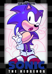 Size: 1147x1630 | Tagged: safe, artist:cynicallysly, sonic the hedgehog, sonic the hedgehog (1991), classic, classic sonic, genesis, gloves, hand on hip, one eye closed, open mouth, shoes, solo, standing, text