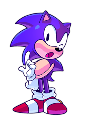 Size: 764x1086 | Tagged: safe, artist:cynicallysly, sonic the hedgehog, classic, classic sonic, gloves, one eye closed, open mouth, shoes, simple background, solo, standing, wagging finger, white background