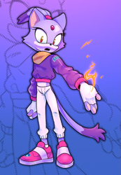 Size: 1843x2662 | Tagged: safe, artist:cynicallysly, blaze the cat, abstract background, fingerless gloves, fire, fist, gradient background, looking at viewer, open mouth, sega logo, solo, standing