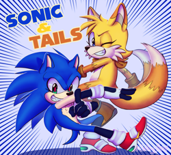 Size: 2200x2000 | Tagged: safe, artist:galaxy-pop, miles "tails" prower, sonic the hedgehog, abstract background, duo, fur markings, looking at viewer, posing, red pupils, redesign, redraw, wink