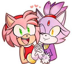 Size: 784x698 | Tagged: safe, artist:saucynadles, amy rose, blaze the cat, cat, hedgehog, amy x blaze, duo, hearts, holding hands, lesbian, looking at viewer, mouth open, one eye closed, outline, shipping, simple background, smile, transparent background