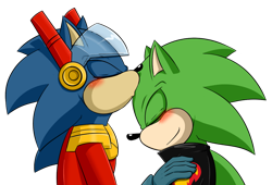 Size: 1024x695 | Tagged: safe, artist:fire-for-battle, scourge the hedgehog, sonic the hedgehog, zonic the zone cop, hedgehog, blushing, crack shipping, duo, eyes closed, gay, hand on shoulder, kiss on head, missing accessory, semi-selfcest, simple background, smile, transparent background, zonourge