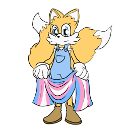 Size: 1200x1200 | Tagged: safe, artist:spacerobt, miles "tails" prower, fox, flat colors, holding something, looking at viewer, redesign, simple background, smile, solo, standing, trans female, trans girl tails, trans pride, transgender, white background